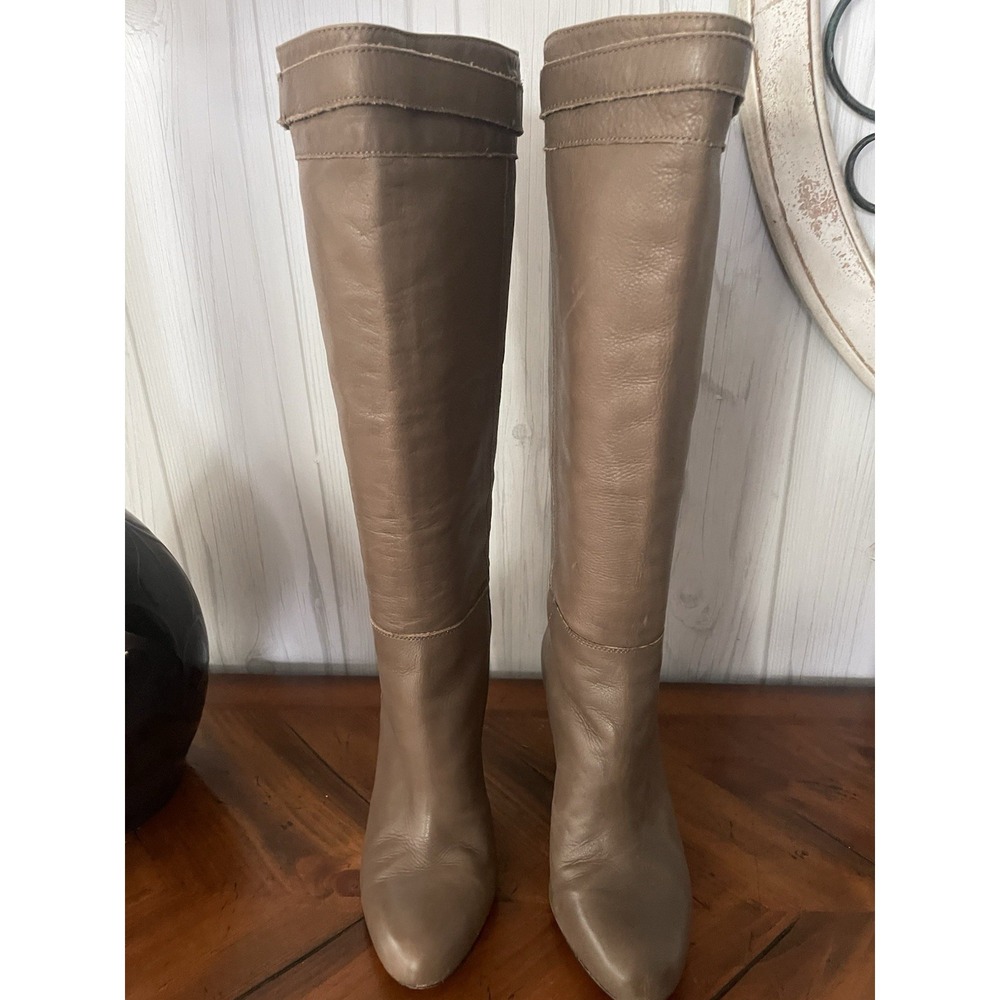 Ann Taylor Coby Zip Up Boots Tall Knee Taupe Leather Gold Block Heel Classic 8M